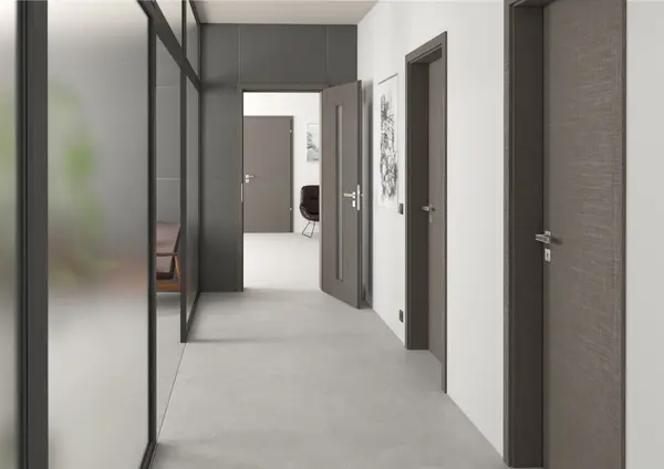 Moderner Flur mit grauen Innentüren, Glaswand und minimalistischer Büroeinrichtung.