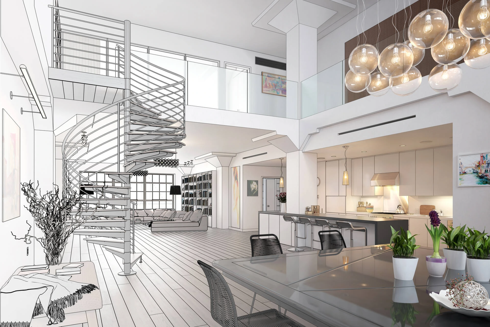 Modernes Loft-Interior mit Wendeltreppe, offener Küche und Essbereich
