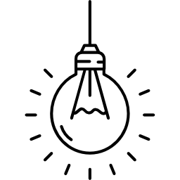 Schwarzes Icon einer hängenden Glühbirne mit Lichtstrahlen, Idee Symbol